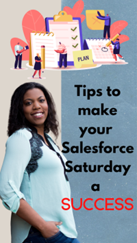 Picture of Monique plus planning tools such as a notepad and calendar, along with the words "Tips to make your Salesforce Saturday a SUCCESS"